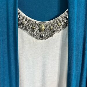Emerald green and White Beaded Top with Attached Cardigan‎ Size L Casual Stylish